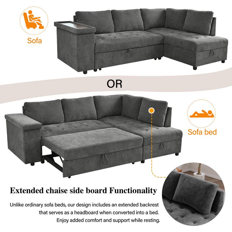 91.5" Polyester L-Shaped Sectional Sofa with Pull-Out Bed, Hidden Storage and Wide Storage Armrests