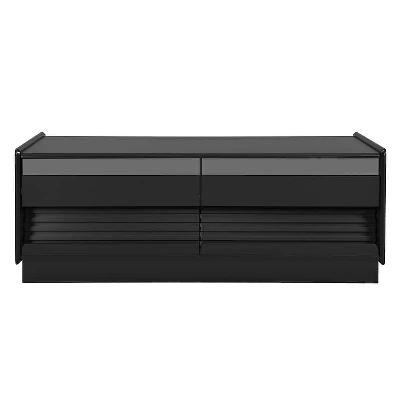 Modern Coffee Table with Tempered Glass Drawers & Grooved Design, End Table Office Table with Open Display Shelves