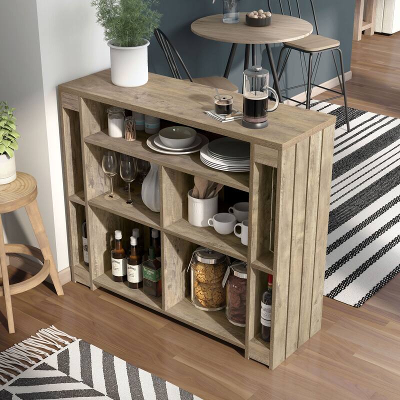 DH BASIC Farmhouse Weathered Oak 9-Open Shelf Home Bar with Chalkboard Menu Signs by Denhour