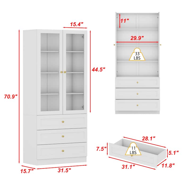 70.9" Storage Cabinet with Glass Doors Office Cabinet Display Cabinet