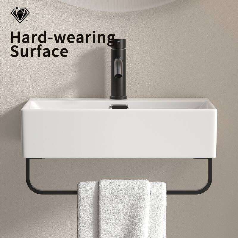 GDFStudio - Vale Modern Ceramic Wall Mounted Vessel Sink with Integrated Towel Bar and Faucet Hole