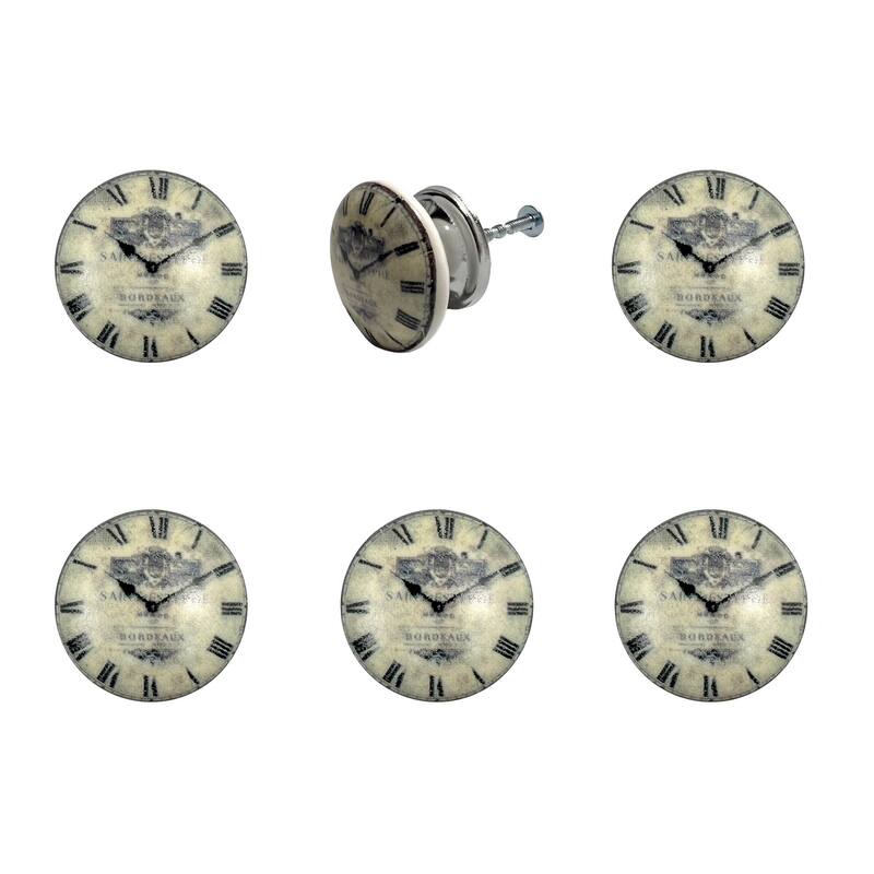 HomeRoots Set of Six Black And White Clock Face Ceramic Drawer Pull Knobs - 1.50 in. x 1.00 in. x 1.50 in.