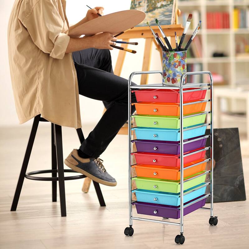 Costway 10 Drawer Rolling Storage Cart Scrapbook Office School - Multi - See Details