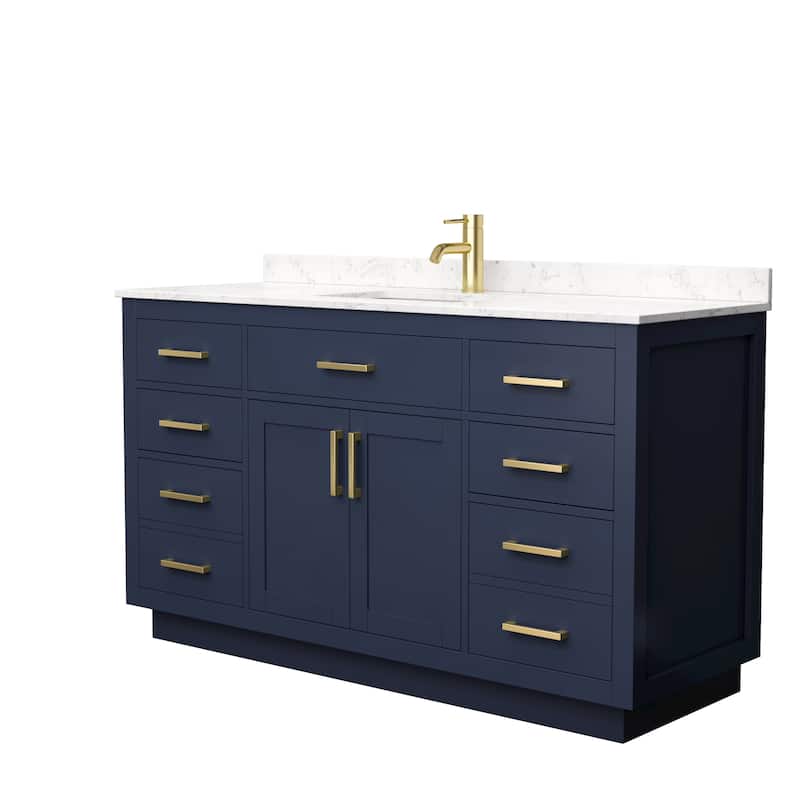 Beckett TK 60-inch Single Vanity, Cultured Marble Top - Dark Blue, Gold Trim, Carrara Cultured Marble Top