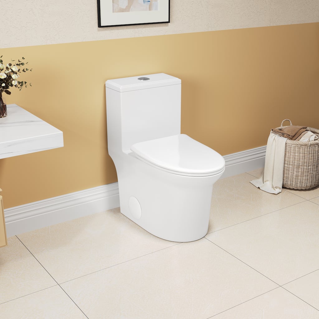 Anmytek Super Quiet One-Piece Toilet - 1.1/1.6 GPF, Elongated Comfort Height, White Ceramic with Soft Close Seat