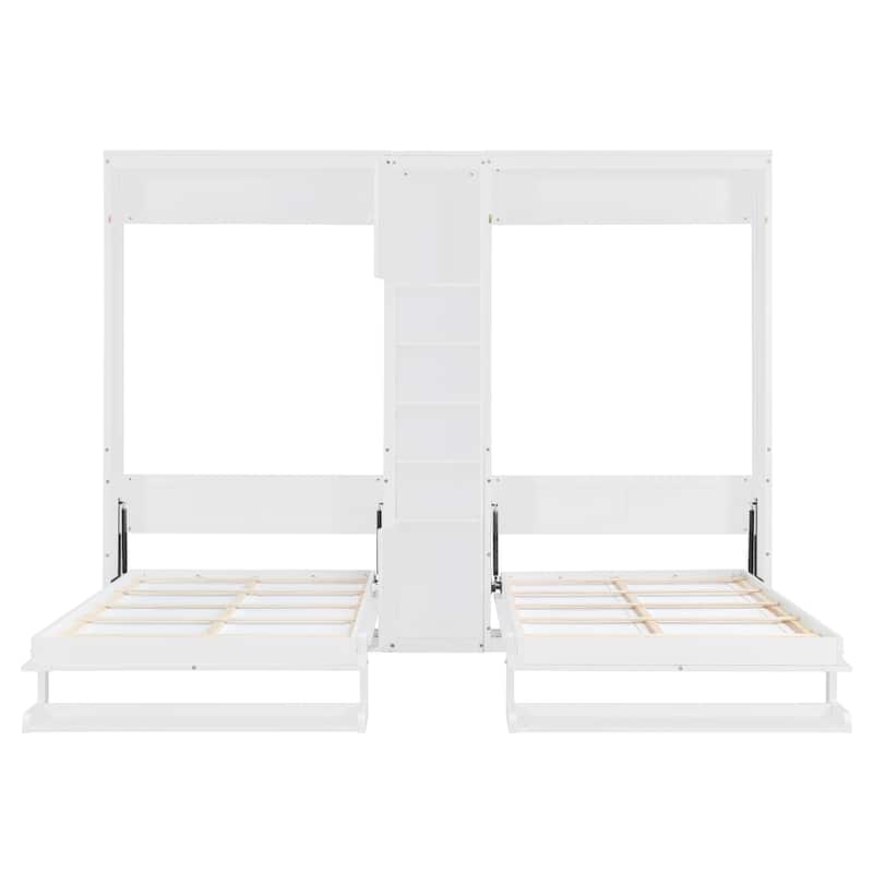 Roomfitters Twin Wall Murphy Bed System with Center Storage Shelves, Convertible Fold Down Sleeper Cabinet