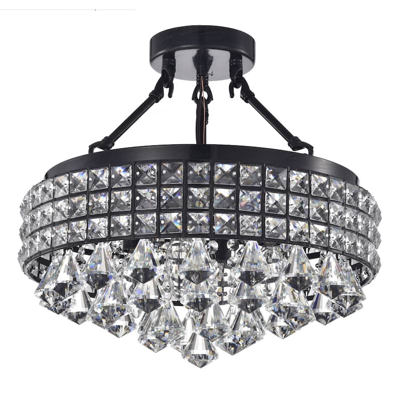 Black 4-Light Beaded Crystal Round Drum Semi Flush Mount