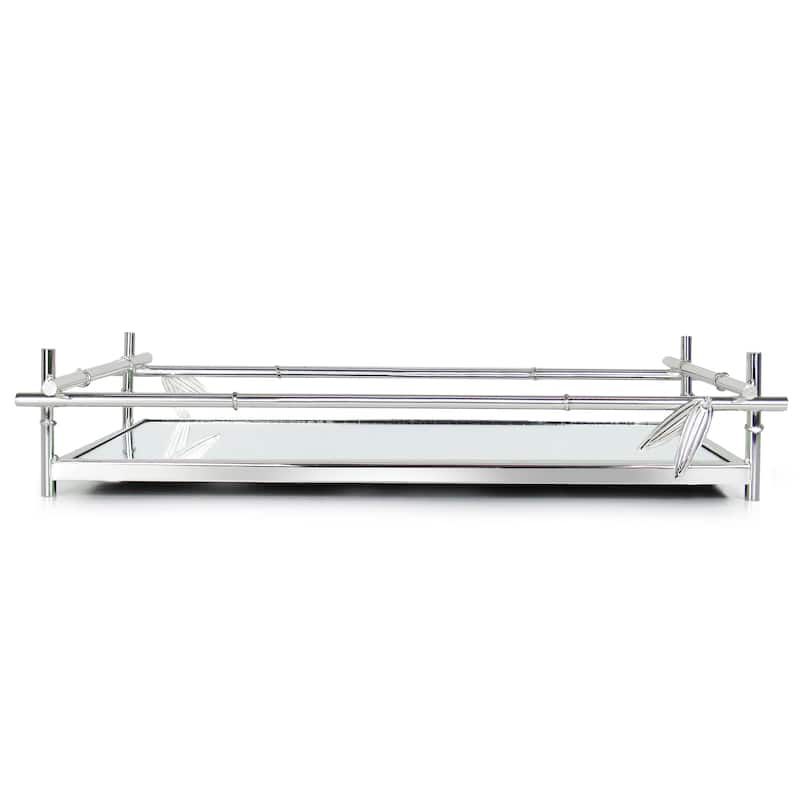 Silver Bamboo Style Rectangle Metal Mirror Decorative Tray Serving Platter - 15" L x 10.25" W x 3" H - Silver