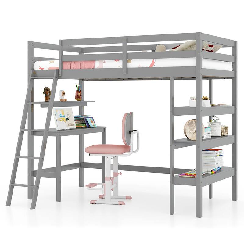 Gymax Twin Size Solid Wood Loft Bed w/ Desk & Bookshelves Ladder &