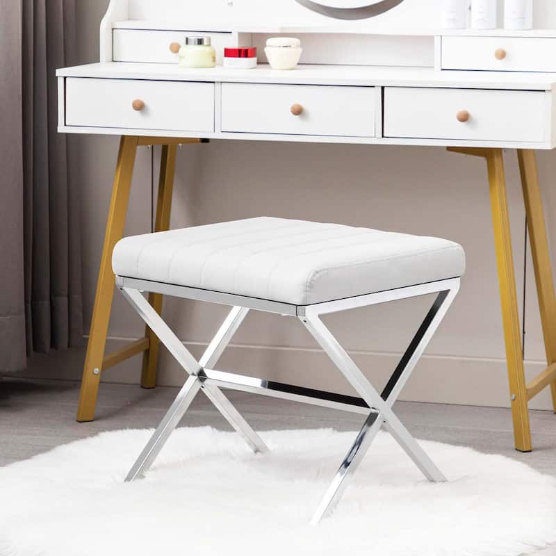 Tufted Faux Leather Vanity Bench with Metal X Legs - White