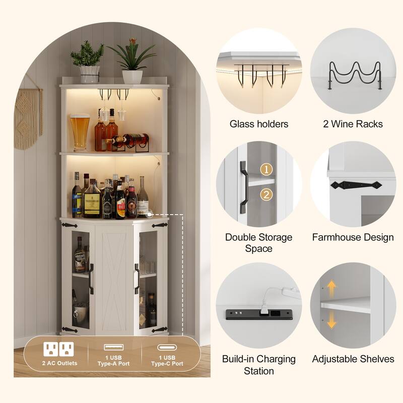 67.3" Corner Kitchen Bar Cabinet Farmhouse Wine Bar Cabinet with Power Outlet, LED Lights, Glass Rack & Adjustable Shelves