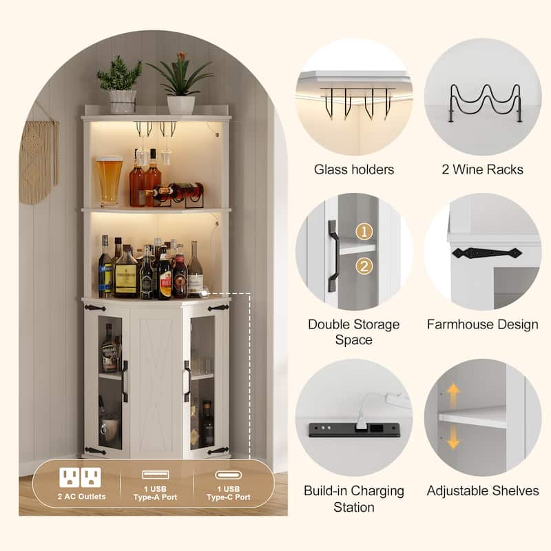Corner Bar Cabinet with Power Outlet & Adjustable Shelves, Freestanding Wood Storage Cabinet with Barn Door & Glass Rack