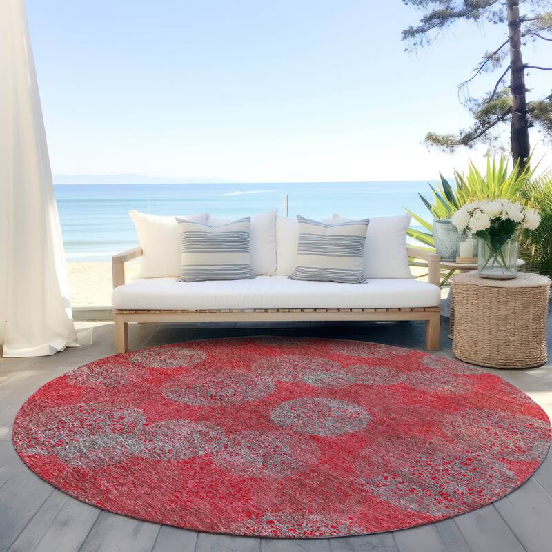 Machine Washable Indoor/ Outdoor Boho Sphere Chantille Rug - Red - 8' x 8'
