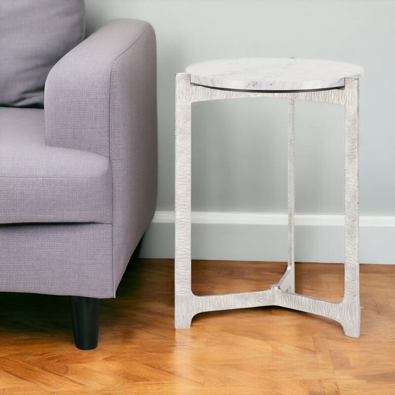 HomeRoots 25" White And Silver Marble And Aluminum Round Cross Legs End Table - 20' X '24.8' X '20 - White - Marble