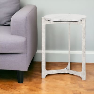 HomeRoots 25" White And Silver Marble And Aluminum Round Cross Legs End Table - 20' X '24.8' X '20