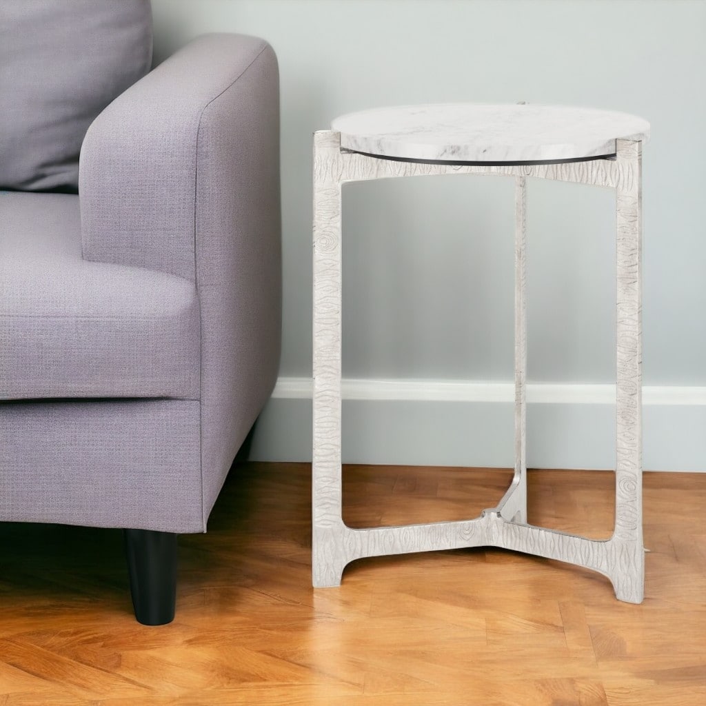HomeRoots 25" White And Silver Marble And Aluminum Round Cross Legs End Table - 20' X '24.8' X '20