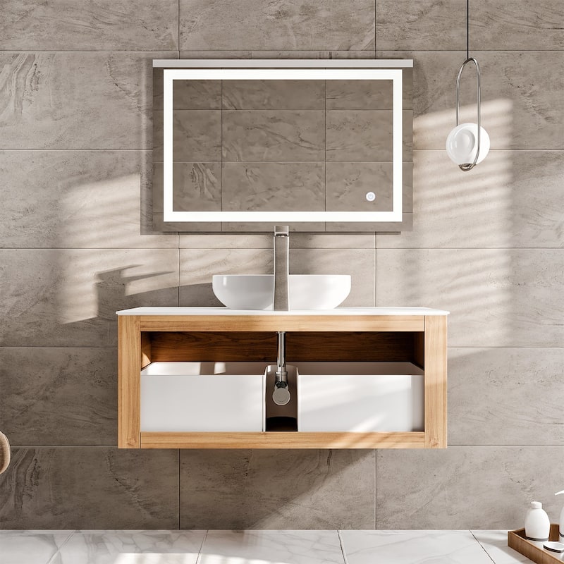 Leah 32 in. Medium Oak Bath Vanity with Solid Surface Top & Vessel Sink