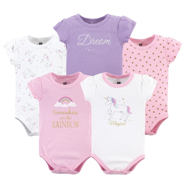 slide 1 of 1, Hudson Baby Infant Girl Cotton Bodysuits 5pk, Magical Unicorn 0-3 Months - Magical Unicorn