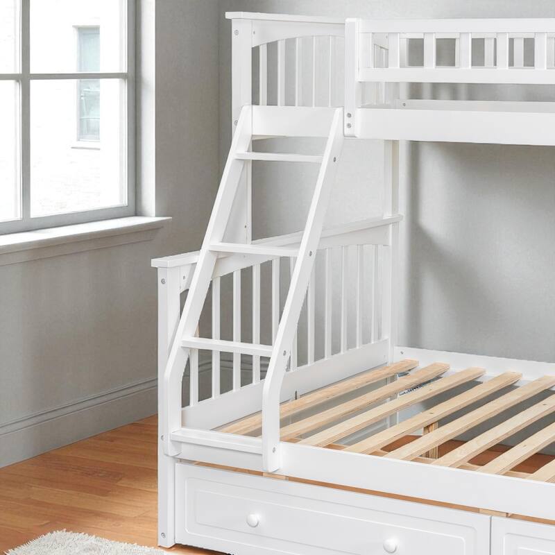 Twin over Full Bunk Bed with Drawers, Convertible to 2 Beds, Pine/MDF, Staircase & Guardrails, 79.7 x 57.5 x 61.2 in