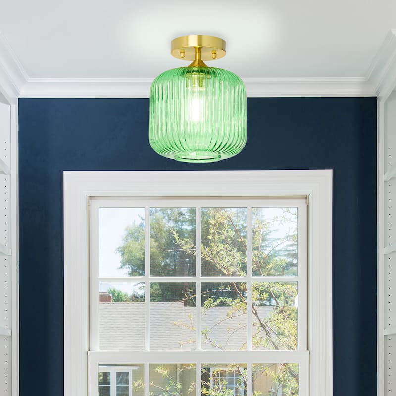 Ignace River of Goods Brushed Gold Metal 10-Inch Ceiling Light with Green Glass Globe Shade - 8" x 8" x 10.25"