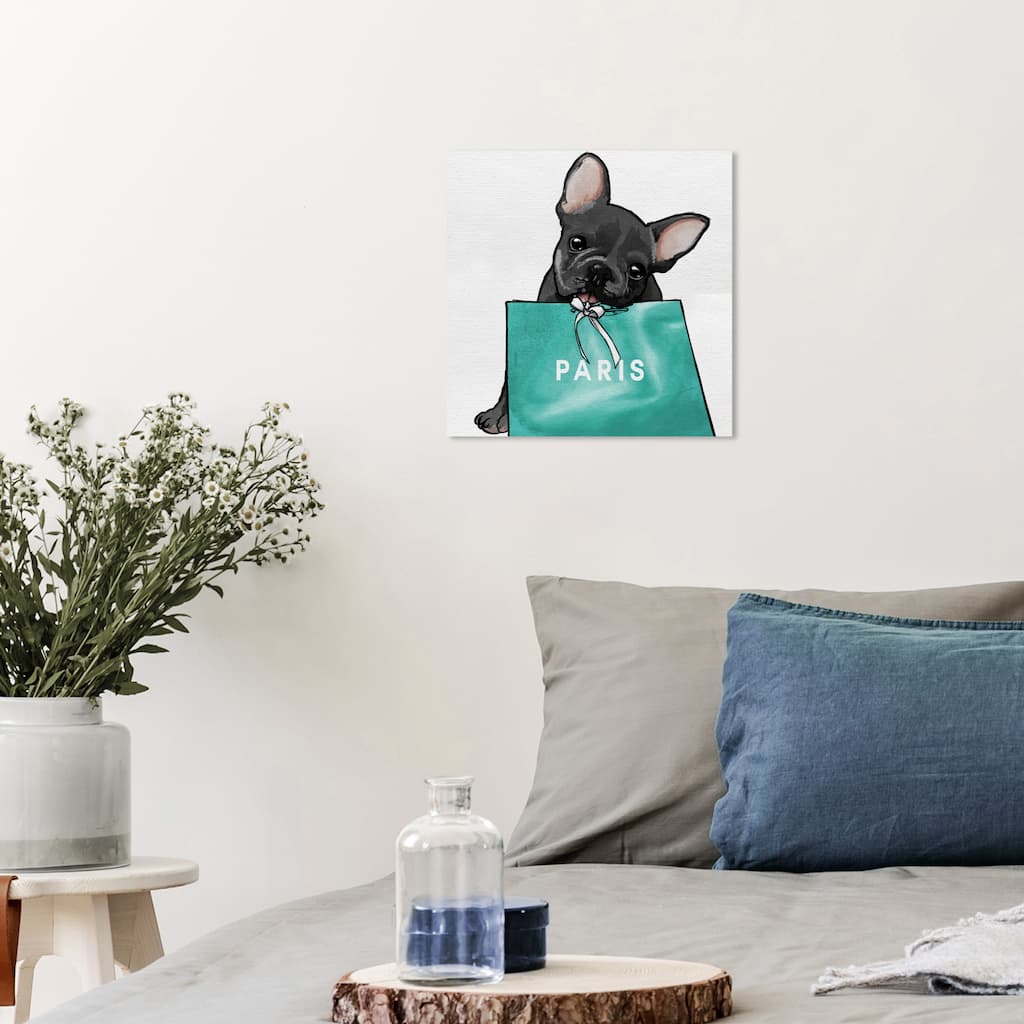Wynwood Studio Canvas Fashion and Glam Blue Frenchie Paris Blue and Teal Glam Wall Art Canvas Print