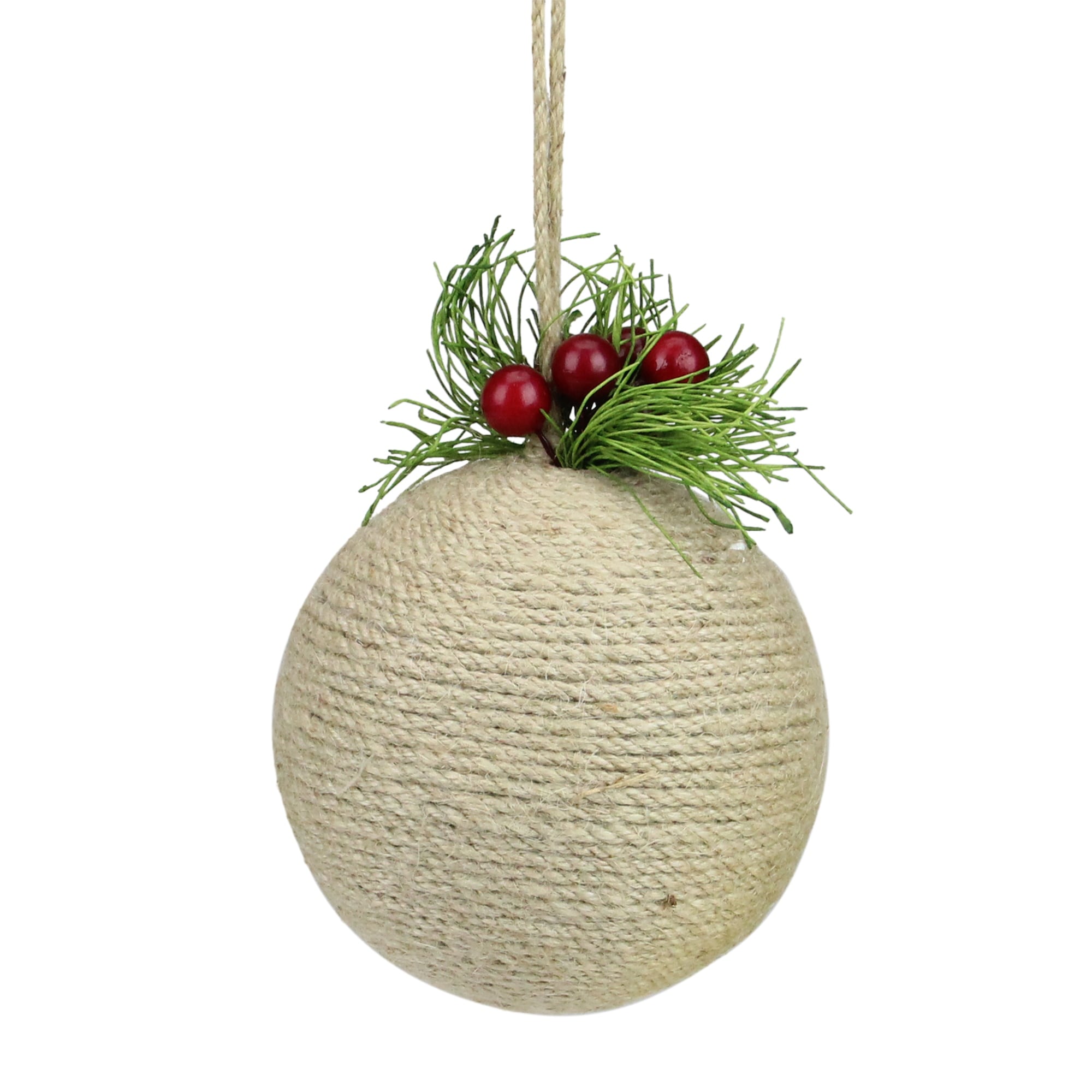 Shop Beige And Green Burlap Holly Berries Christmas Ball Ornament