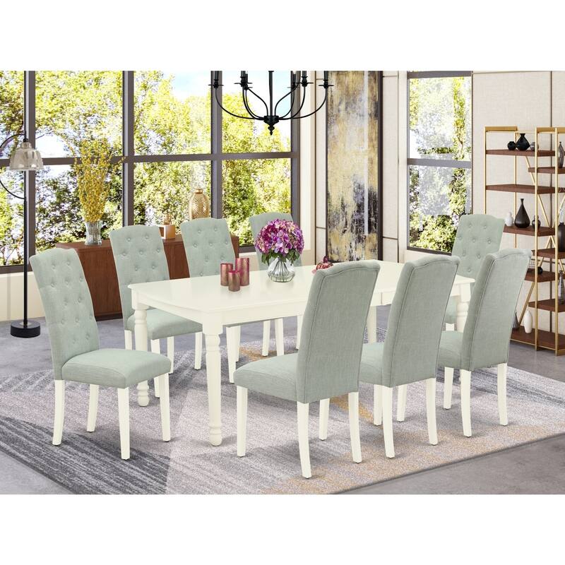 9Pc Dining Set - Rectangle Table with Leaf & 8 Parsons Chairs - Linen White & Baby Blue - 78