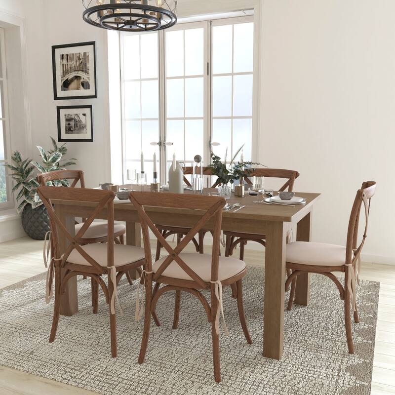 7' x 40" Rustic Folding Farm Table Set with 6 Cross Back Chairs and Cushions - Antique Rustic