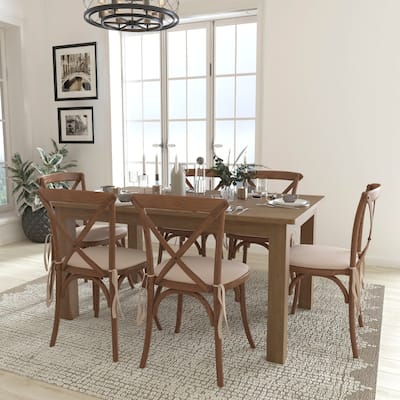 7' x 40" Rustic Folding Farm Table Set with 6 Cross Back Chairs and Cushions