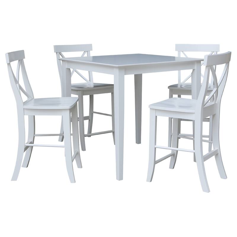 36 x 36 in. Solid Wood Counter Height Dining Table with 4 X-back Stools - 5 Piece Set