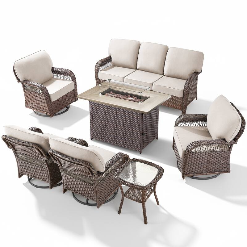 Pocassy Patio Sofa Ottoman Swivel Chair Table with Fire Table Funiture Set.