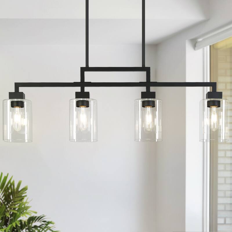 Modern Industrial 4-Light Black Linear Glass Chandelier for Kitchen Island Dining Room - L 34.4" x D 4.3" x H 12"