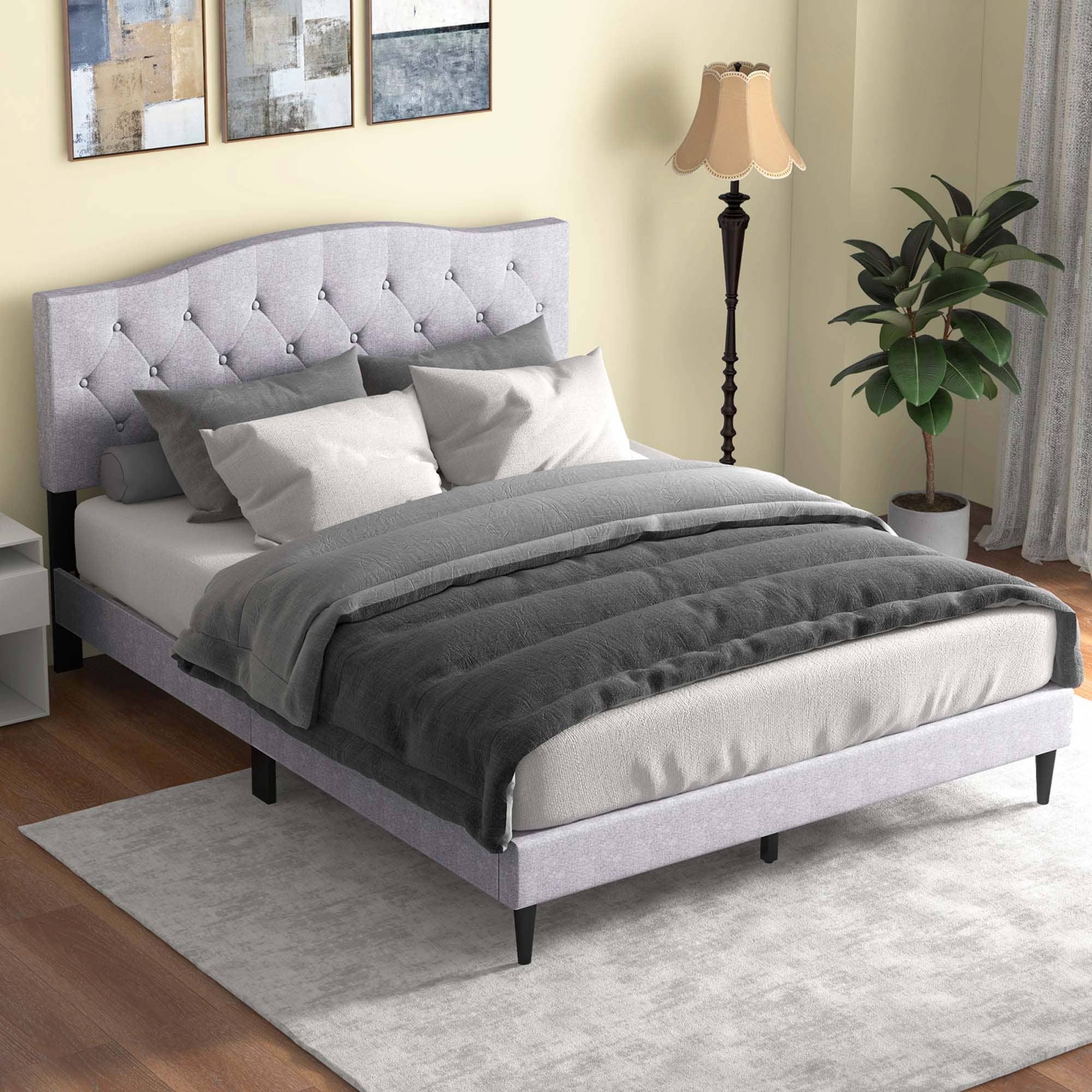 Costway Queen Size Upholstered Platform Bed Linen Bed Frame with