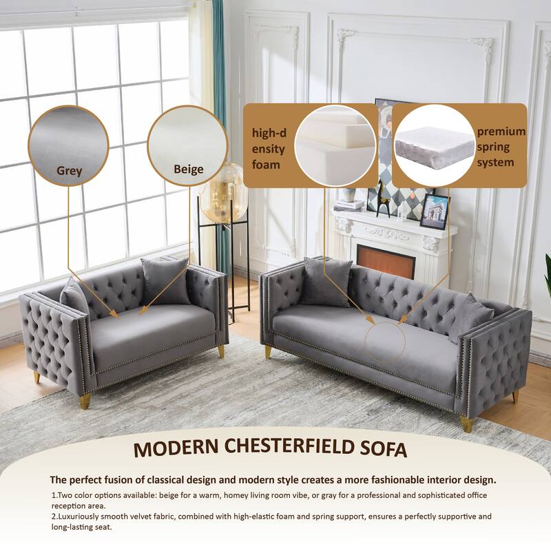 Roomfitters 58" Modern Tuxedo Loveseat with Buttoned Back and Gold Legs, Upholstered Couch with Double Nailhead Trim