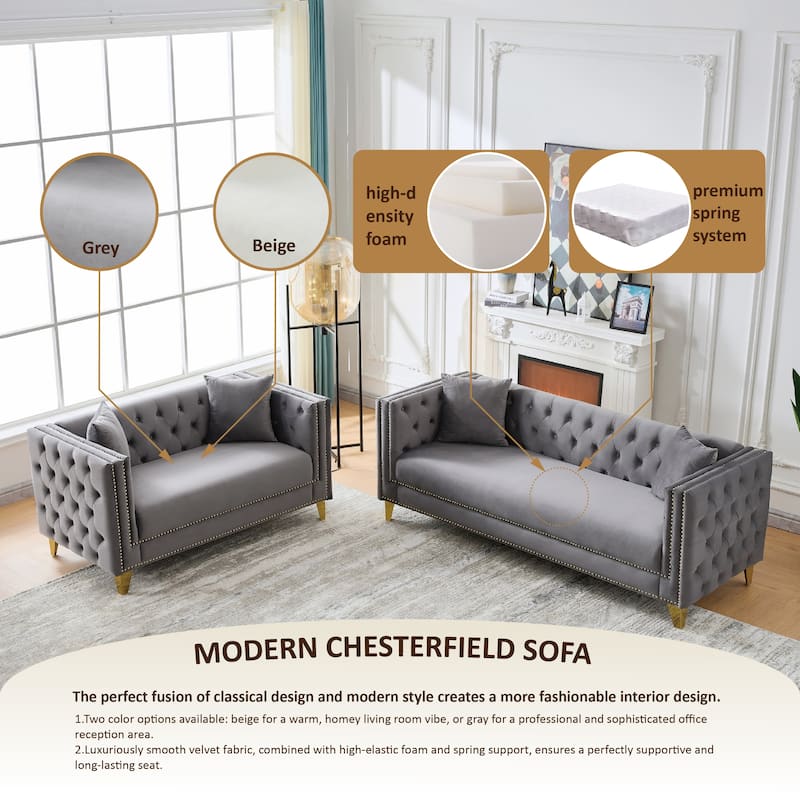 Roomfitters 80" and 58" Modern Tuxedo Sofa and Loveseat Set, Buttoned Back Couch with Gold Legs and Nailhead Trim