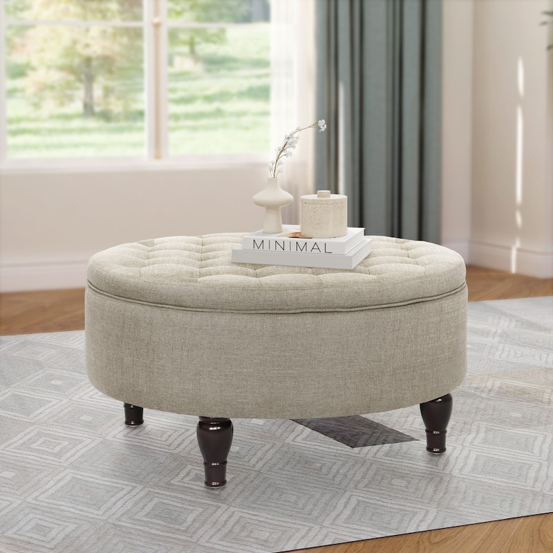 Maypex 32" Tufted Round Storage Cocktail Ottoman - Beige