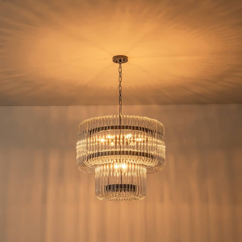 9-Light Modern Glam Drum Crystal Chandelier for Dining Room/Living Room 2-Tiered Round Chandelier Kitchen Island Pendant Light