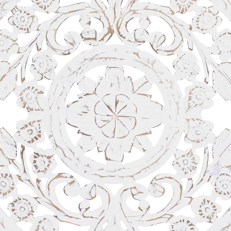 Wooden Floral Handmade Intricately Carved Home Wall Decor with Mandala Design - White - Roche River Decor