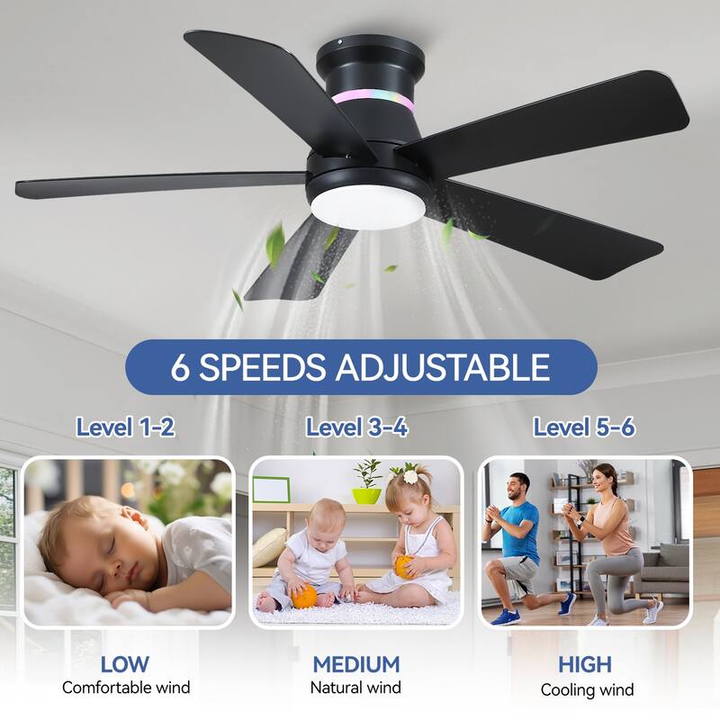 Kviflon 46 Inches RGB Flush Mount Ceiling Fan with Light and Remote,DC Motor,for Living Room Bedroom