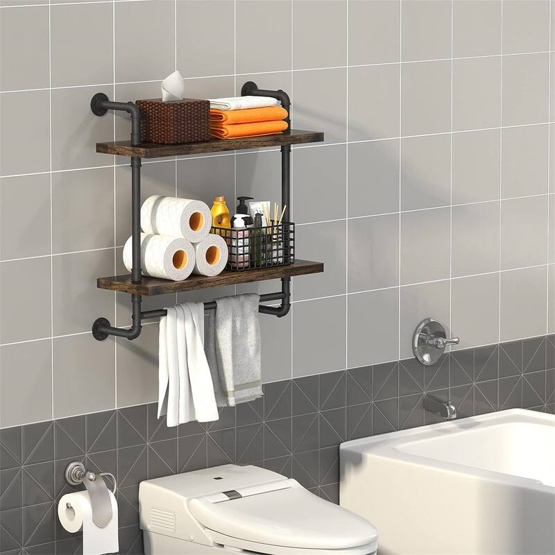 2 Tier Wood Floating Shelves Towel Rack - 7.87"D x 24"W x 25.6"H