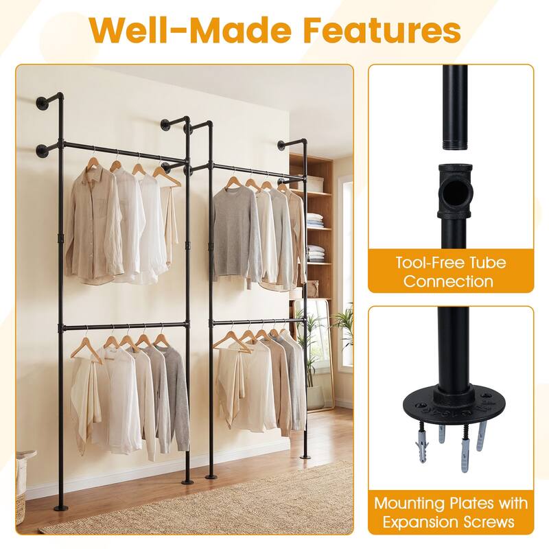 Gymax Industrial Pipe Clothing Rack Wall Mounted Heavy-Duty Metal