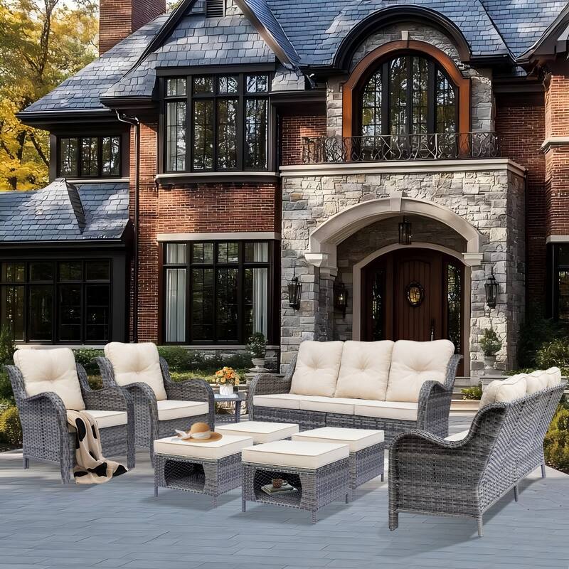 High Back Wicker Outdoor Patio Conversation Seating Sets with Cushions - 9 Piece - Beige