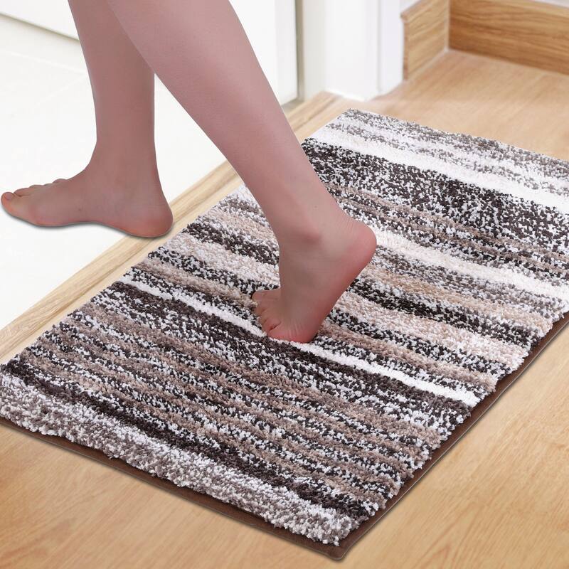 Striped Bathroom Mat Soft Absorbent Non-Slip Backing Quick Dry Bath Rugs Home Gifts - Brown - 16" x 24"