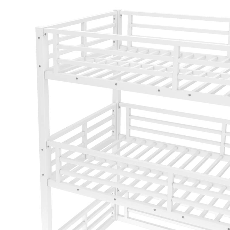 Roomfitters Twin/Full/Queen Metal Triple Bunk Bed with Safety Guardrails, Heavy-Duty Noise-Reduced Frame, White