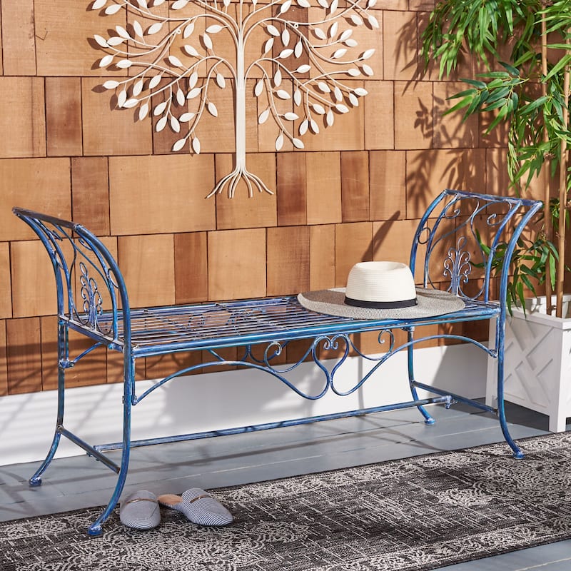 SAFAVIEH Izabella Victorian Wrought Iron 51-inch Outdoor Garden Bench - 51 In. W x 16 In. D x 27 In. H - 51Wx16Dx27H - Antique Blue