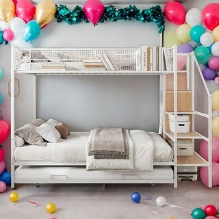 Twin Over Full Bunk Bed with Wardrobe,Trundle and Storage,Kids Bed Design