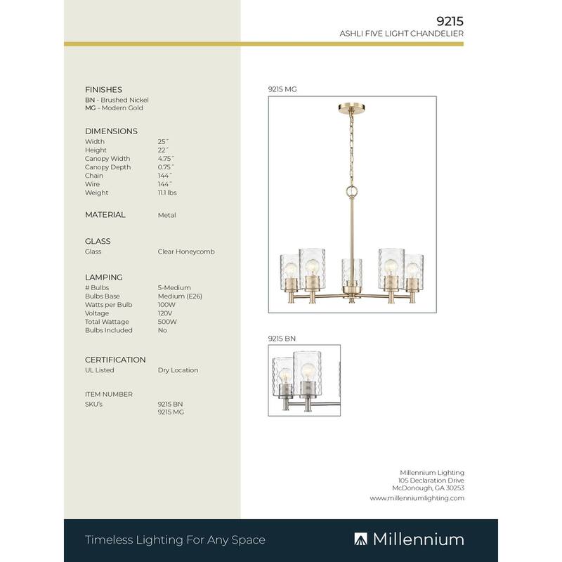 Millennium Lighting Ashli 3 Light Chandelier with Clear Honeycomb Glass Shades