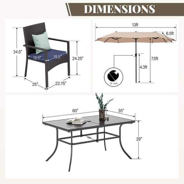 dimension image slide 7 of 10, MAISON ARTS 7/8 Pieces Outdoor Patio Dining Set, 6 PE Rattan Chairs with Cushions and 1 Rectangle Metal Table