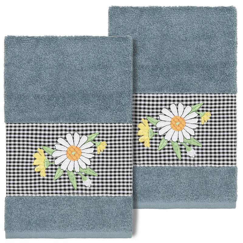 Authentic Hotel and Spa 100% Turkish Cotton Daisy 2PC Embellished Hand Towel Set - Teal