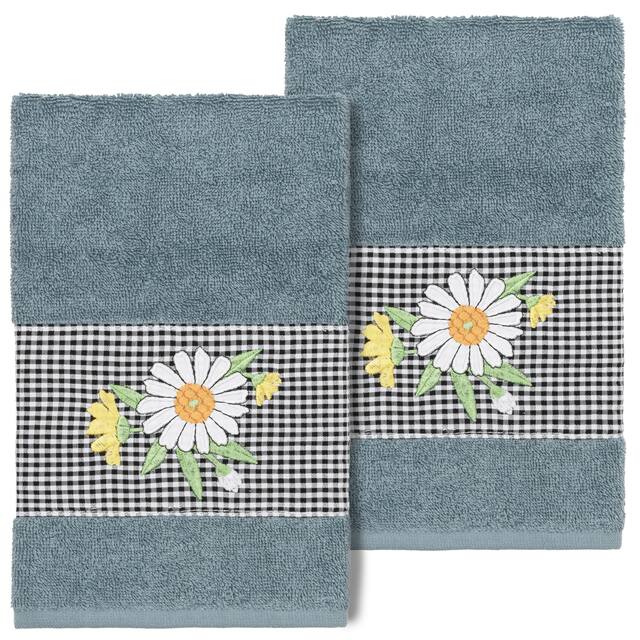 Authentic Hotel and Spa 100% Turkish Cotton Daisy 2PC Embellished Hand Towel Set - Teal